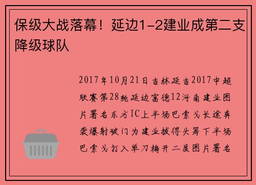 保级大战落幕！延边1-2建业成第二支降级球队